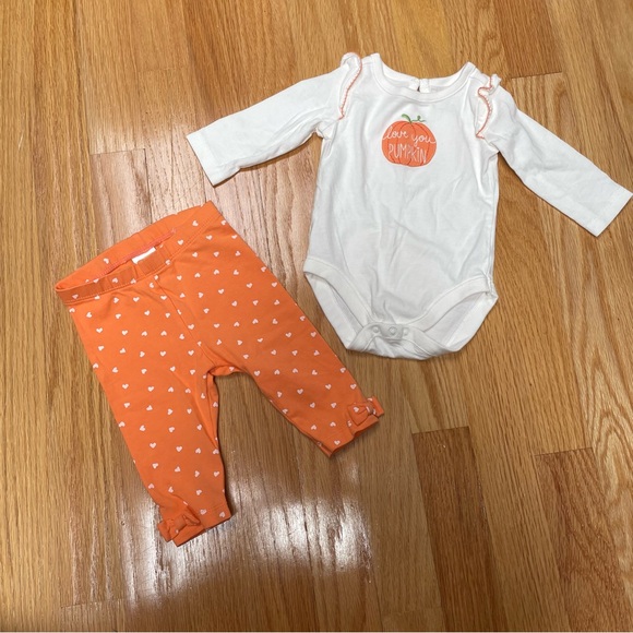 Gymboree pumpkin ruffled long sleeve two piece orange/white set size 0-3 months - Picture 1 of 11
